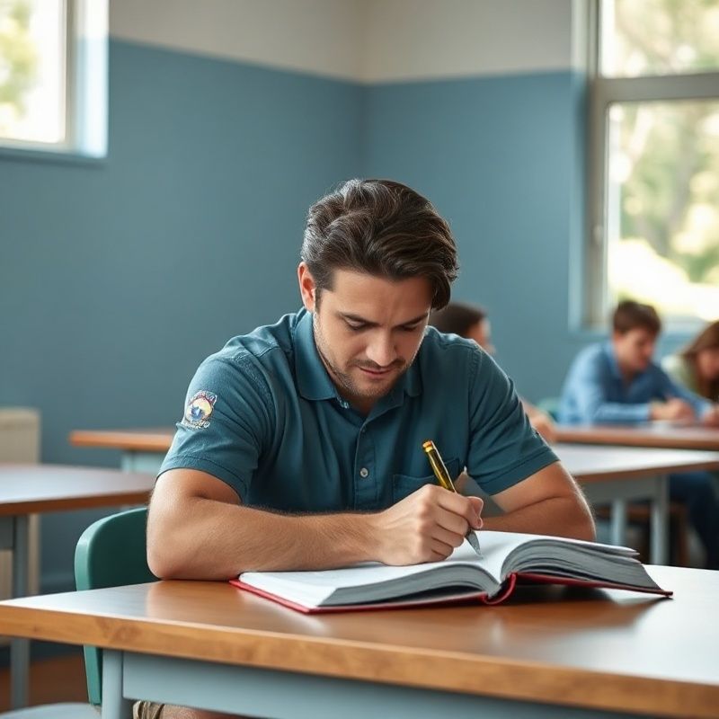 Adult returning student writing in a workbook at a bright Cairns classroom desk