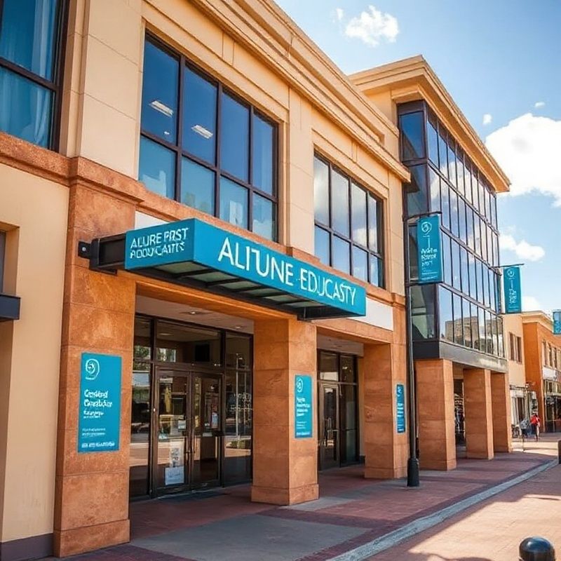 Cairns streetscape and modern education building facade in morning sun