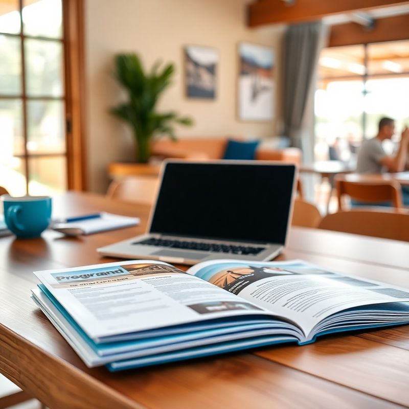 Open program brochures and a laptop on a timber desk in Cairns daylight